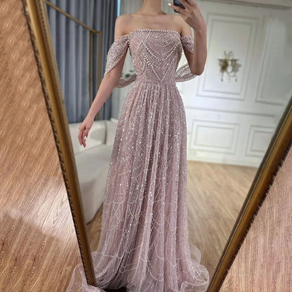 Luxury Beaded Pink Off-the-Shoulder A-Line Evening Dress LA72738