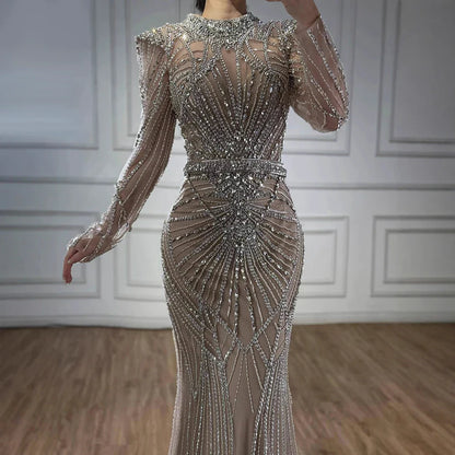 Wine Red Modest Mermaid Beaded Evening Dress LA73203