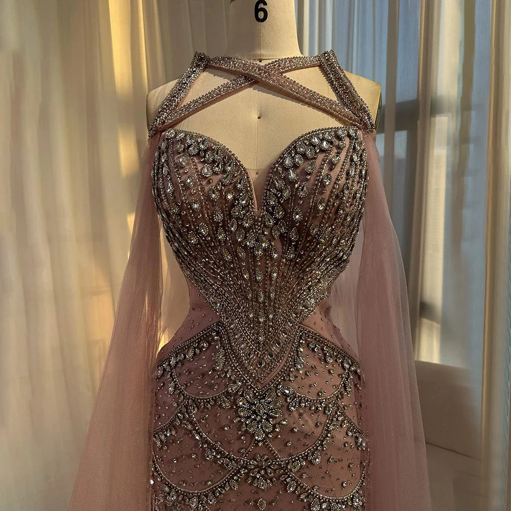 Pink Beaded Luxury Mermaid Evening Dress with Detachable Cape LA72806