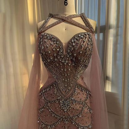 Pink Beaded Luxury Mermaid Evening Dress with Detachable Cape LA72806