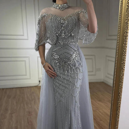 Luxury Nude Beaded Sleeveless Evening Dress with Cape LA73129