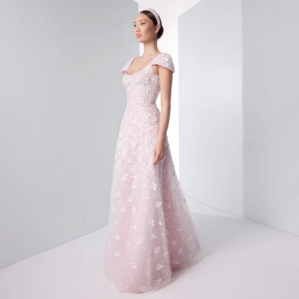 Luxury Pink Floral Appliqué Evening Dress with Open Back LA73119