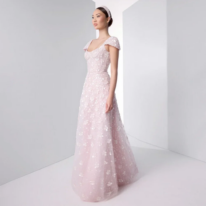 Luxury Pink Floral Appliqué Evening Dress with Open Back LA73119