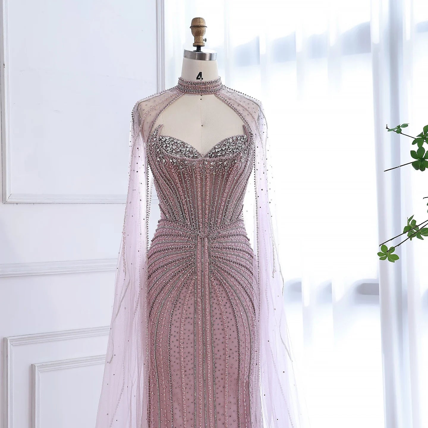 Caramel Beaded Mermaid Luxury Evening Dress with Detachable Cape LA72811C