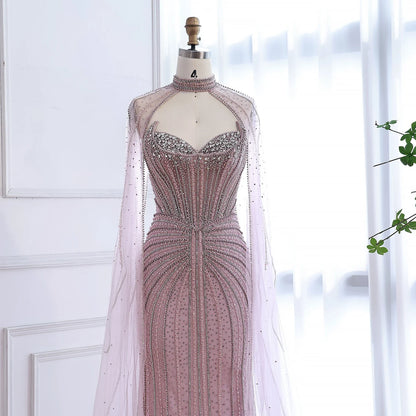 Caramel Beaded Mermaid Luxury Evening Dress with Detachable Cape LA72811C