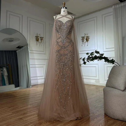 Pink Beaded Luxury Mermaid Evening Dress with Detachable Cape LA72806