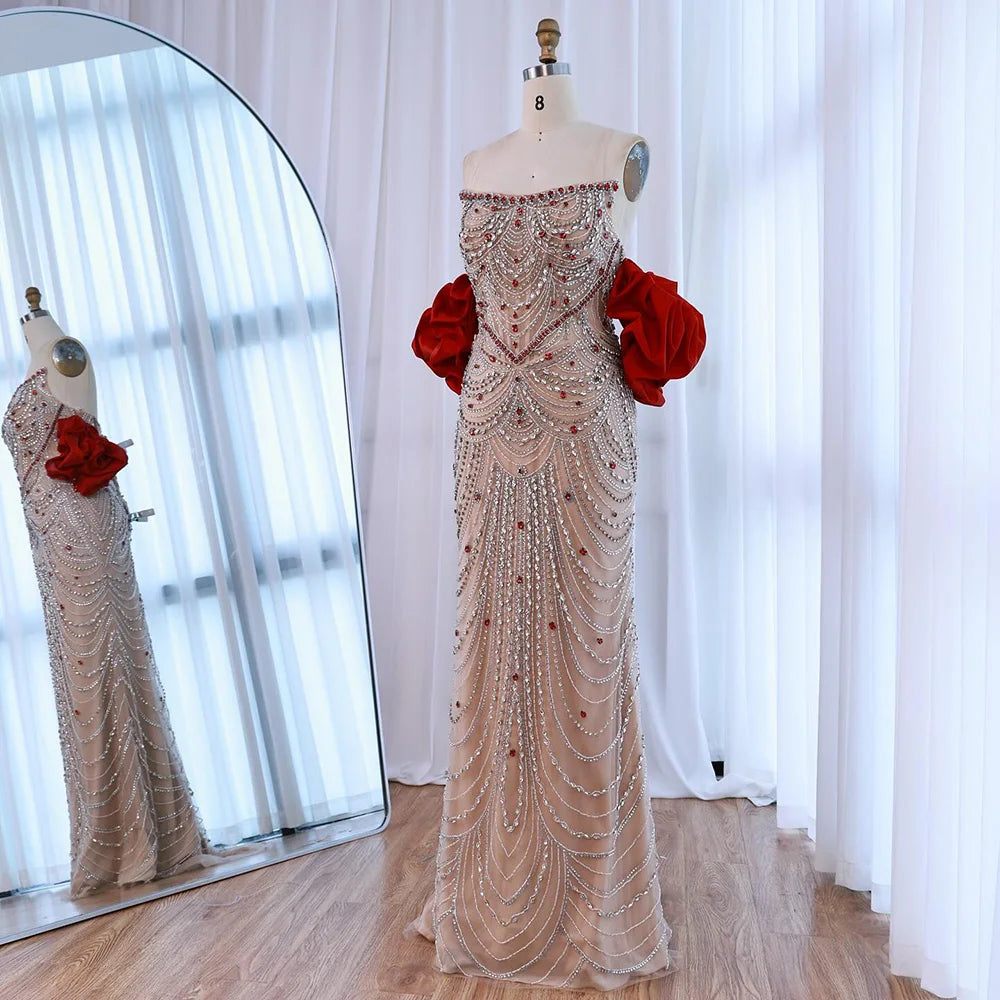 Luxury Red Beaded Evening Dress with Puff Sleeves Pearl Adorned LA72903