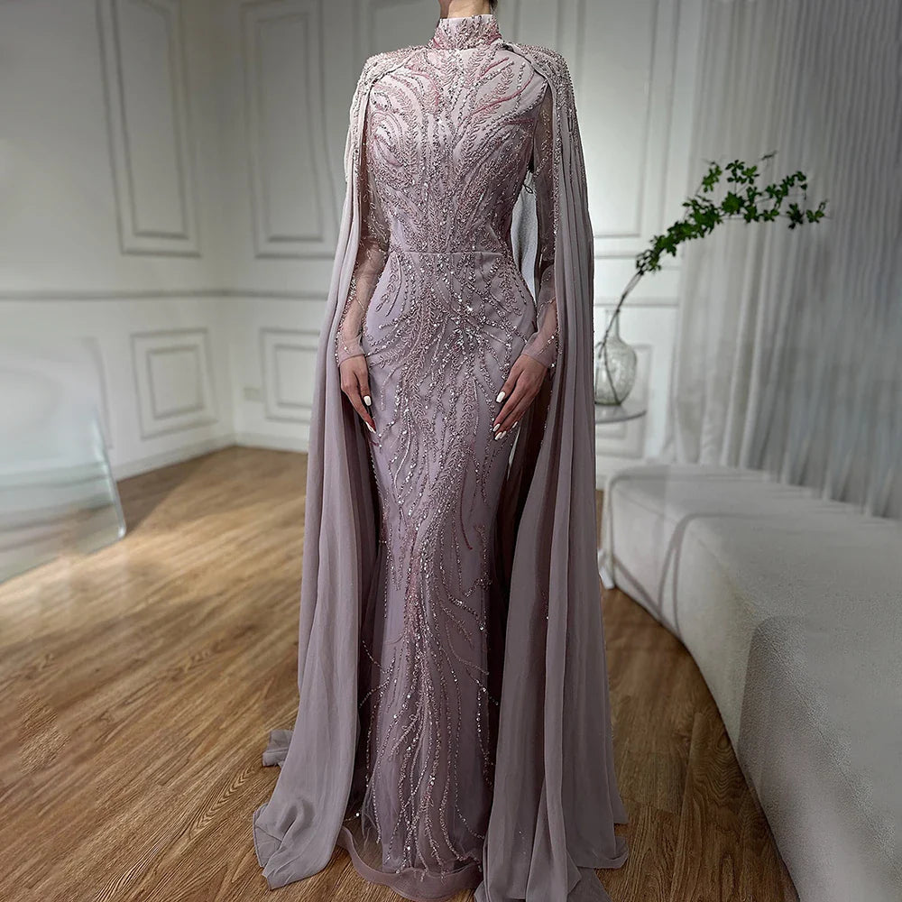 Luxury Modest Pink Evening Dress with Cape Long Sleeves Gown LA72413A
