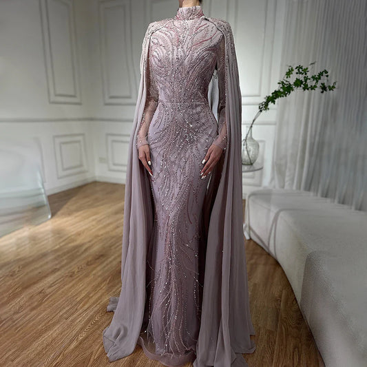 Luxury Modest Pink Evening Dress with Cape Long Sleeves Gown LA72413A