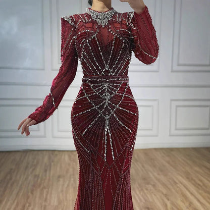 Wine Red Modest Mermaid Beaded Evening Dress LA73203