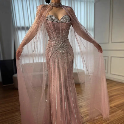 Red Beaded Mermaid Luxury Evening Dress with Cape LA72811A