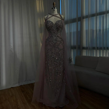Pink Beaded Luxury Mermaid Evening Dress with Detachable Cape LA72806