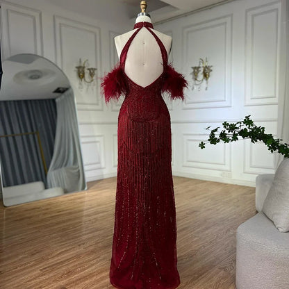 Luxury Red Mermaid High Slit Evening Dress with Tassel LA72083