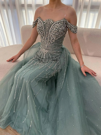 Luxury Nude Beaded Mermaid Evening Dress Party Gown LA73392