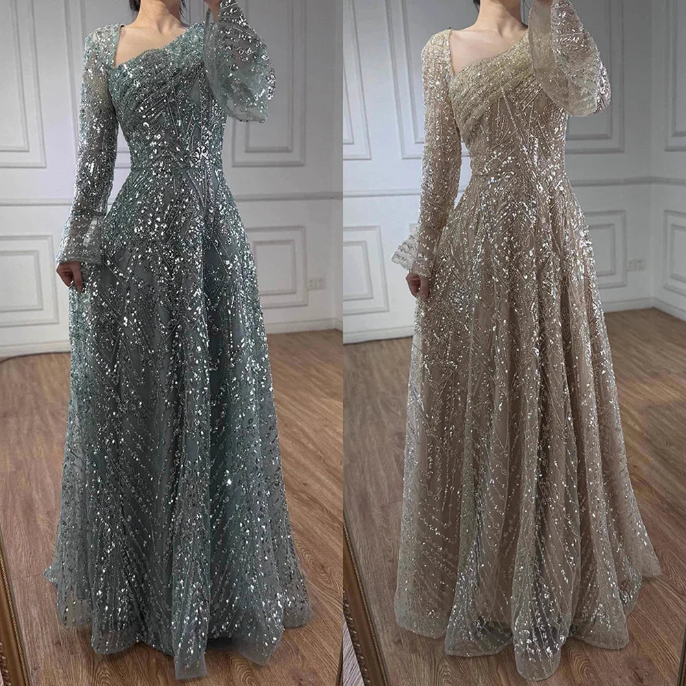 Luxury Turquoise Beaded A-Line Long Sleeve Evening Dress LA73177
