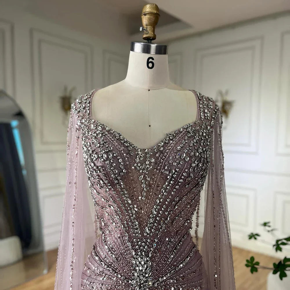 Dubai Pink Cape Sleeves Beaded Evening Dress Formal LA72575A