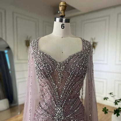 Dubai Pink Cape Sleeves Beaded Evening Dress Formal LA72575A
