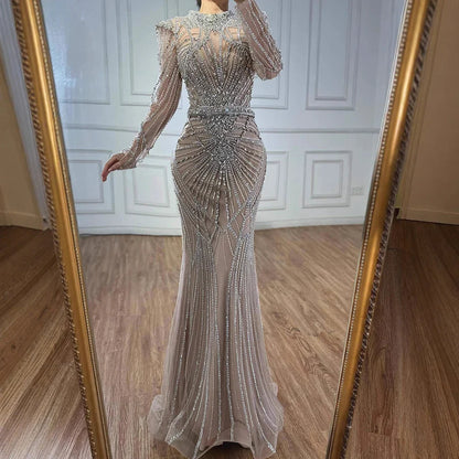 Wine Red Modest Mermaid Beaded Evening Dress LA73203