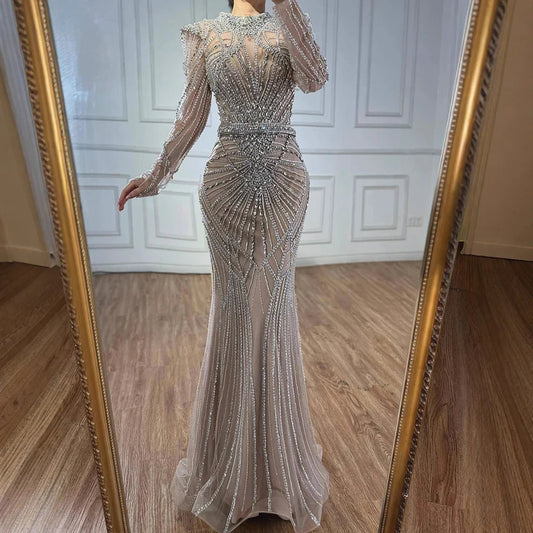 Wine Red Modest Mermaid Beaded Evening Dress LA73203