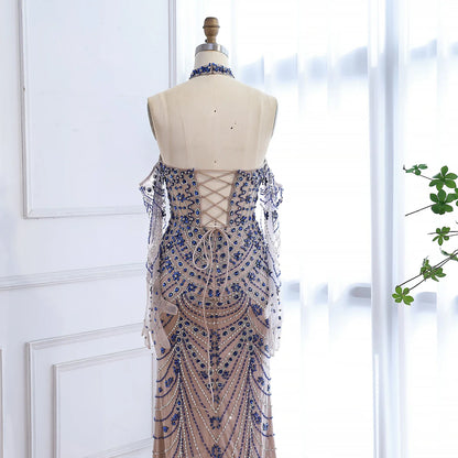 Halter Neck Blue Mermaid Luxury Evening Dress with Gloves LA72760C