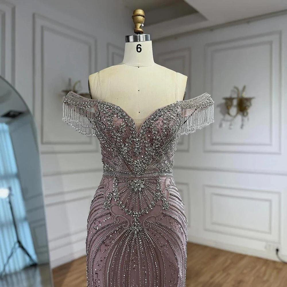 Luxury Pink Beaded Tassel Off-the-Shoulder Evening Dress Dubai Style LA73204