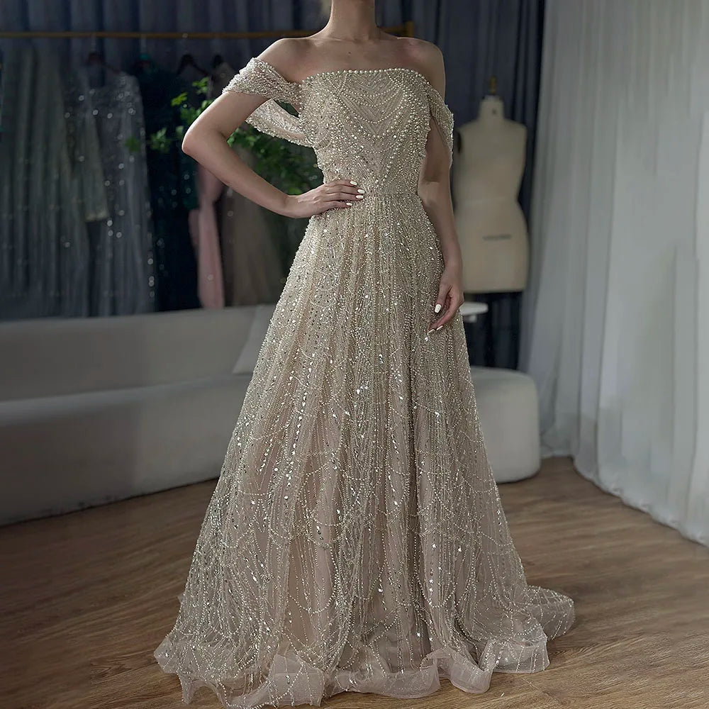 Luxury Beaded Pink Off-the-Shoulder A-Line Evening Dress LA72738