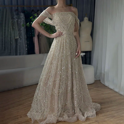 Luxury Beaded Pink Off-the-Shoulder A-Line Evening Dress LA72738