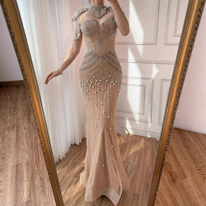 Nude Pearl Beaded Strapless Mermaid Evening Dress with Detachable Cape LA73183