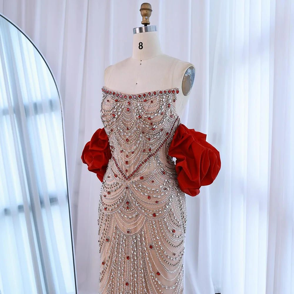 Luxury Red Beaded Evening Dress with Puff Sleeves Pearl Adorned LA72903