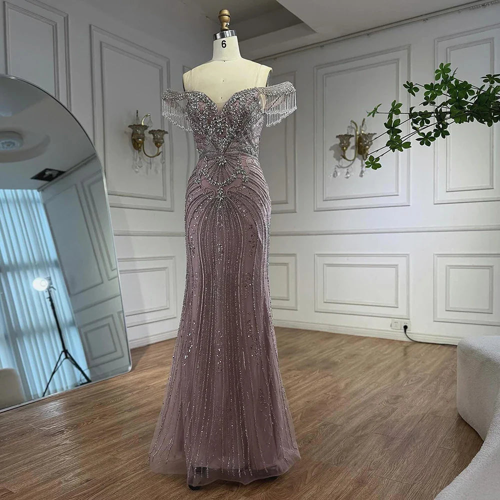 Luxury Pink Beaded Tassel Off-the-Shoulder Evening Dress Dubai Style LA73204