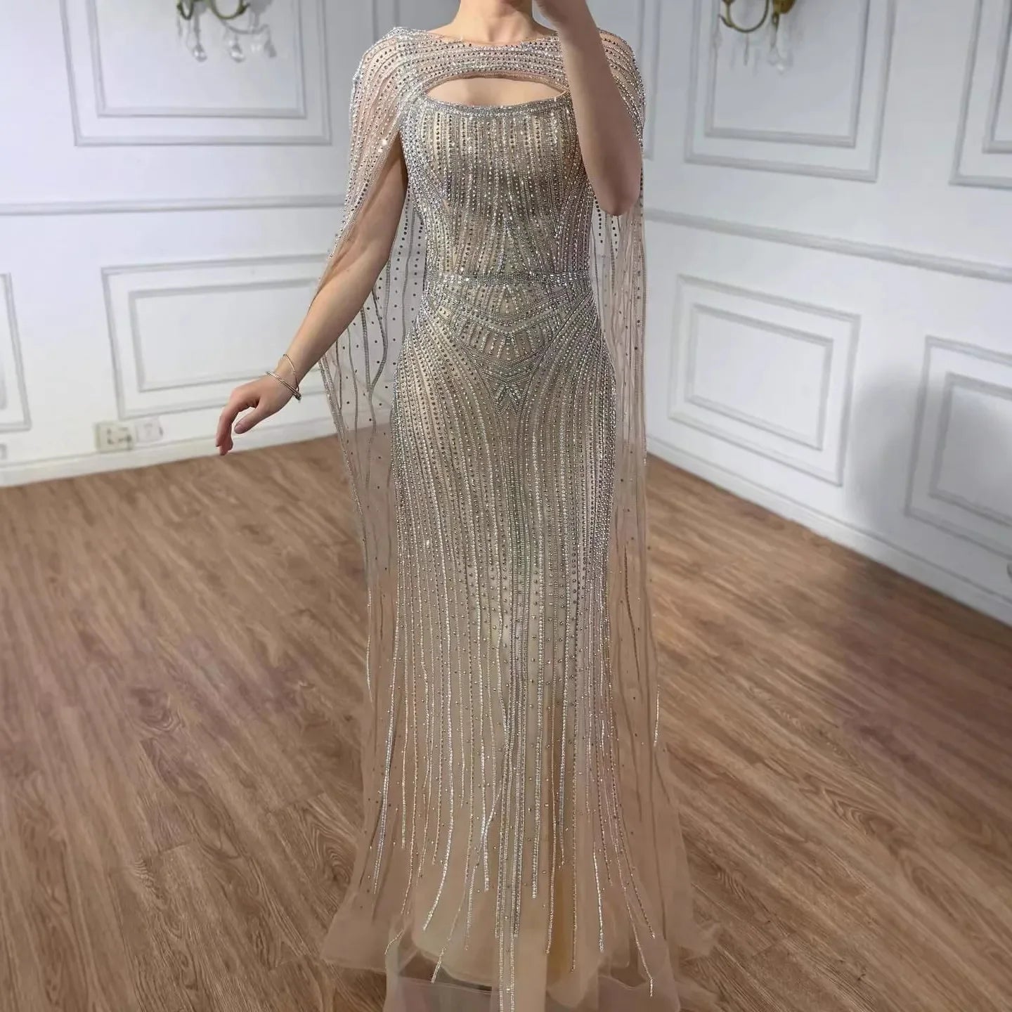 Elegant Blue Strapless Beaded Evening Dress with Cape LA73426