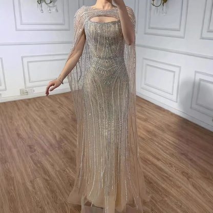 Elegant Blue Strapless Beaded Evening Dress with Cape LA73426