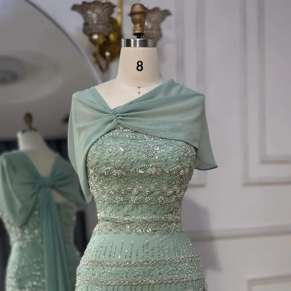 Elegant Sage Green Beaded Evening Dress with Sheer Cape LA72126B