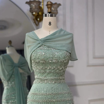 Elegant Sage Green Beaded Evening Dress with Sheer Cape LA72126B