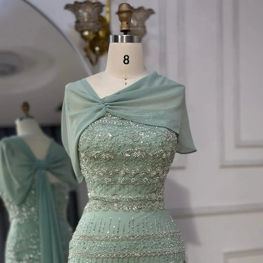 Elegant Sage Green Beaded Evening Dress with Sheer Cape LA72126B
