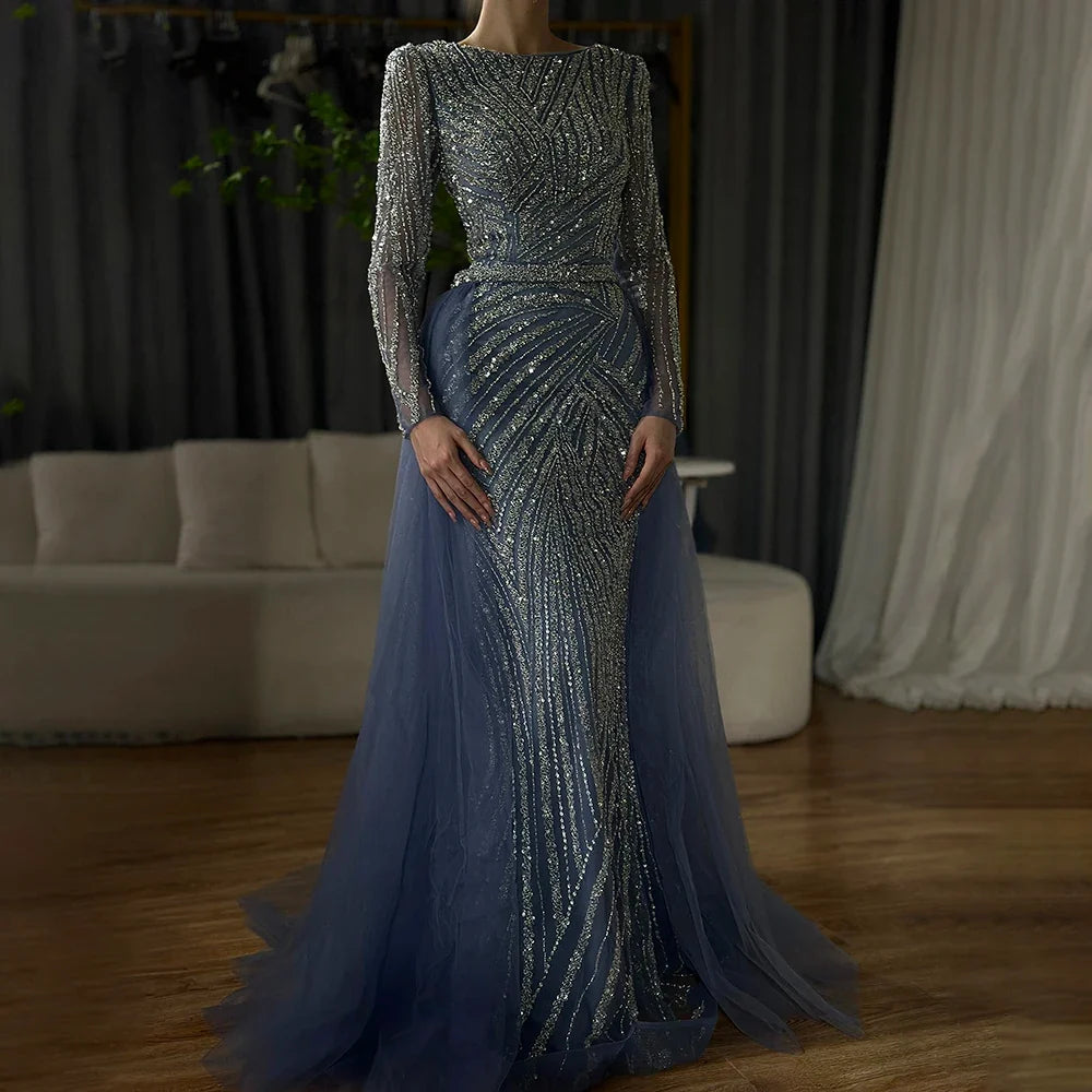 Beaded Green Luxury Evening Dresses with Detachable Tulle Skirt LA71750