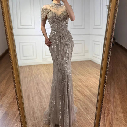 Saudi Arabic Modest High Neck Caramel Mermaid Beaded Evening Dress LA73082