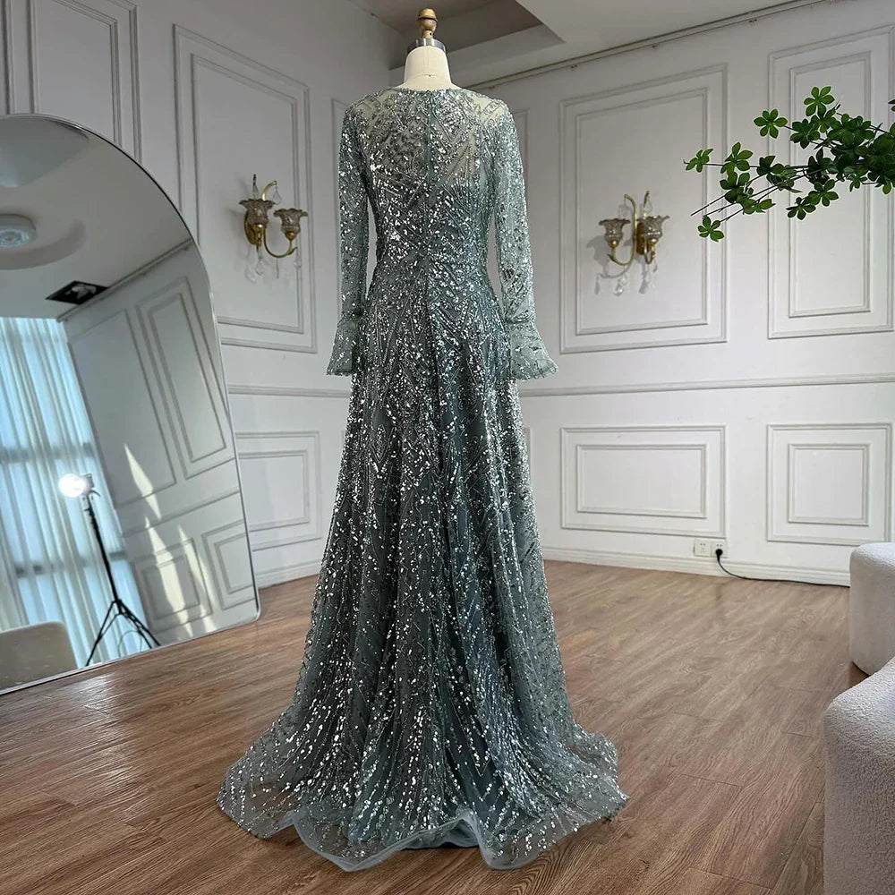 Luxury Turquoise Beaded A-Line Long Sleeve Evening Dress LA73177