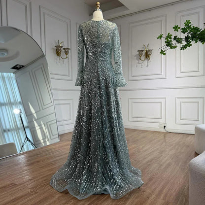 Luxury Turquoise Beaded A-Line Long Sleeve Evening Dress LA73177