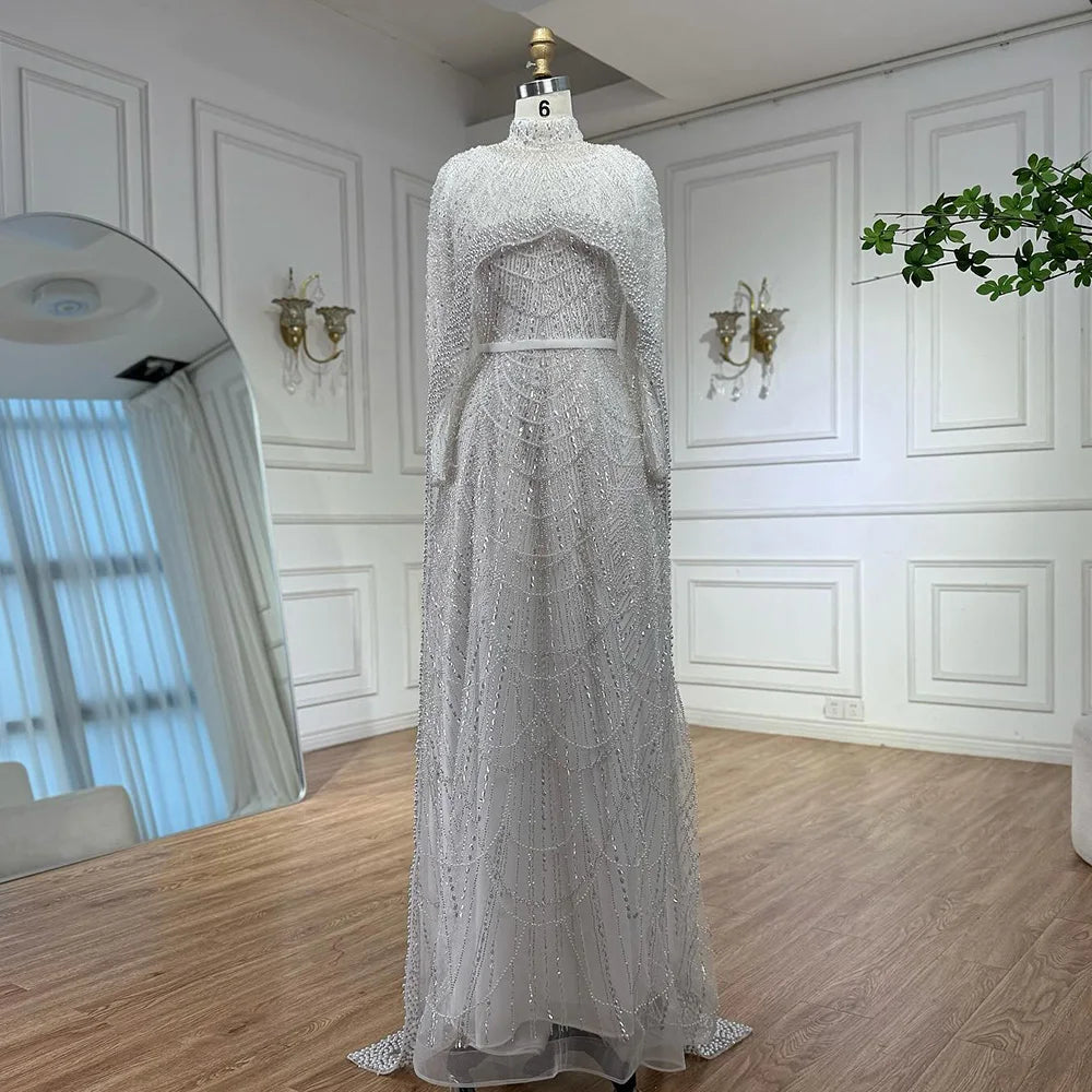 Luxury Modest Pink A-Line Evening Dress with Pearl and Cape LA72032B