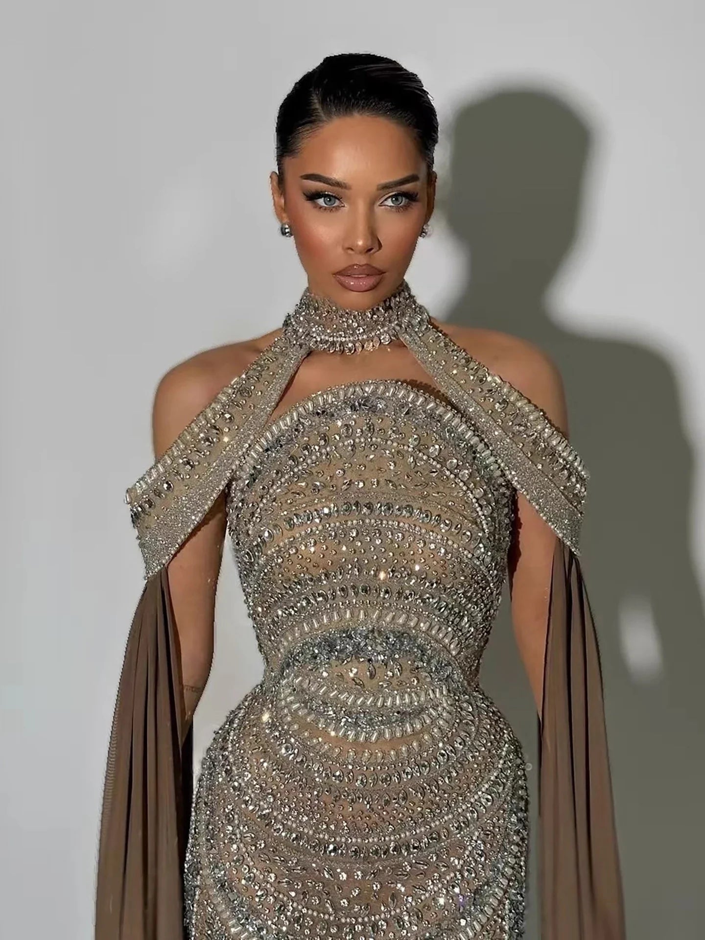 Luxury Caramel Kosovo Style Beaded Evening Dress with Cape LA73344