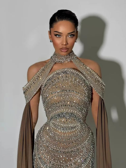 Luxury Caramel Kosovo Style Beaded Evening Dress with Cape LA73344
