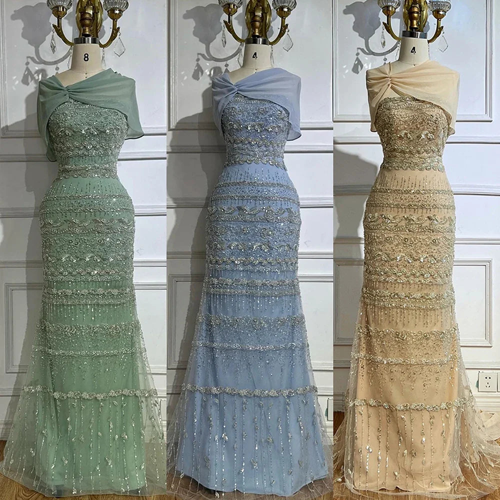 Elegant Sage Green Beaded Evening Dress with Sheer Cape LA72126B