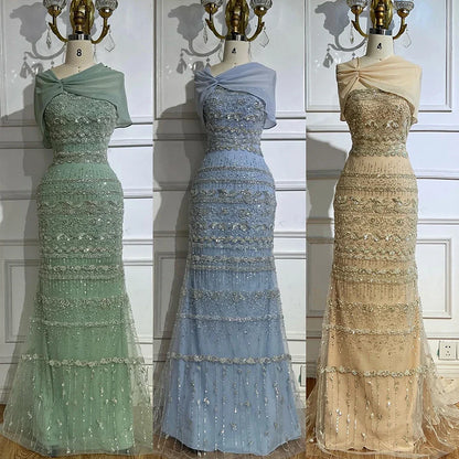 Elegant Sage Green Beaded Evening Dress with Sheer Cape LA72126B