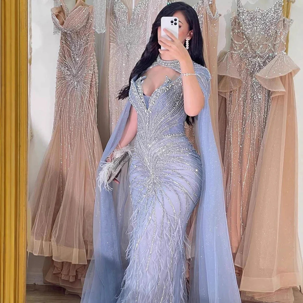 Luxury Caramel Feathers Beaded Evening Dress with Cape for Formal Occasion LA72882