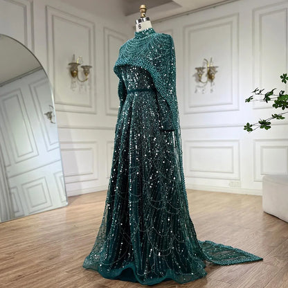 Luxury Modest Pink A-Line Evening Dress with Pearl and Cape LA72032B