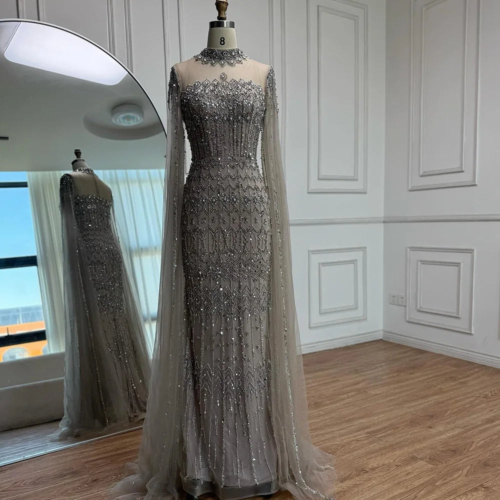 Nude Hand-Beading Evening Dress Cape Sleeve for Formal Night Wedding Party LA72714A