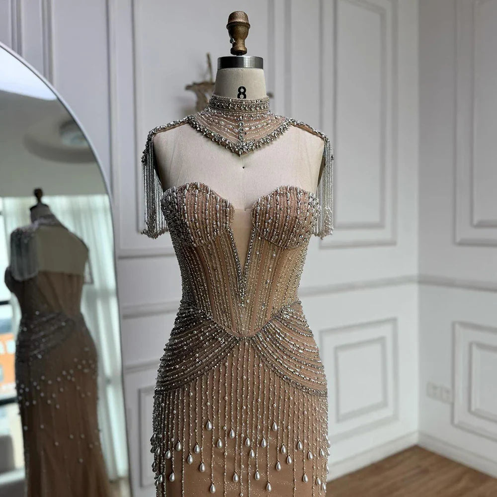 Nude Pearl Beaded Strapless Mermaid Evening Dress with Detachable Cape LA73183