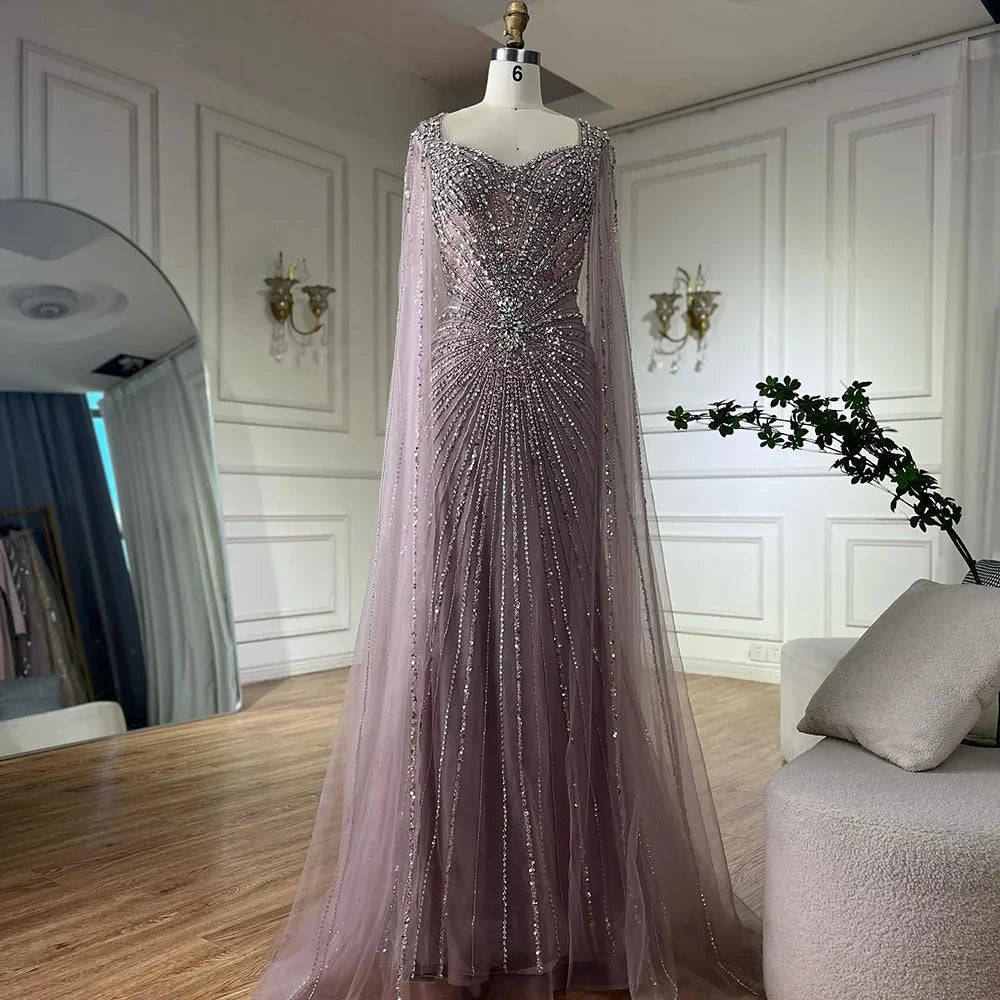 Dubai Pink Cape Sleeves Beaded Evening Dress Formal LA72575A
