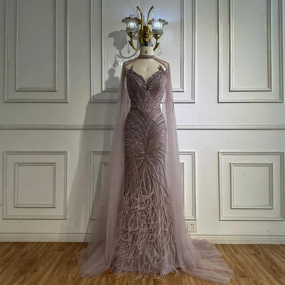 Luxury Caramel Feathers Beaded Evening Dress with Cape for Formal Occasion LA72882